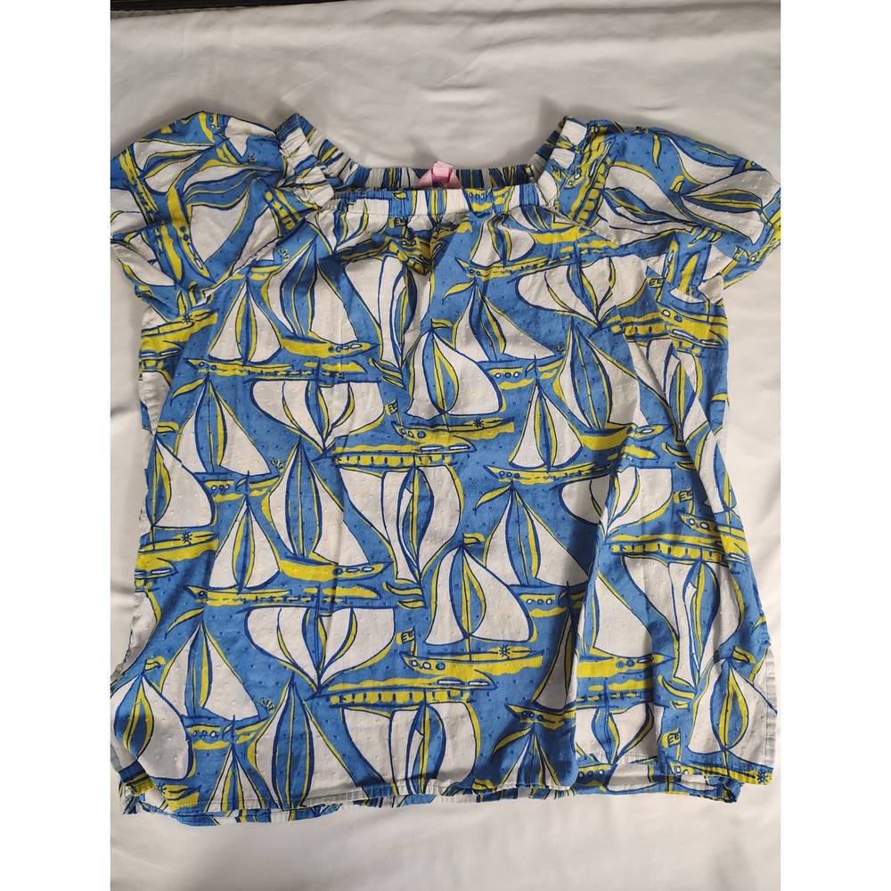 Lilly‎ Pulitzer Womens Blue Sailboat Swiss Dot Cotton Puff Sleeve Top Large